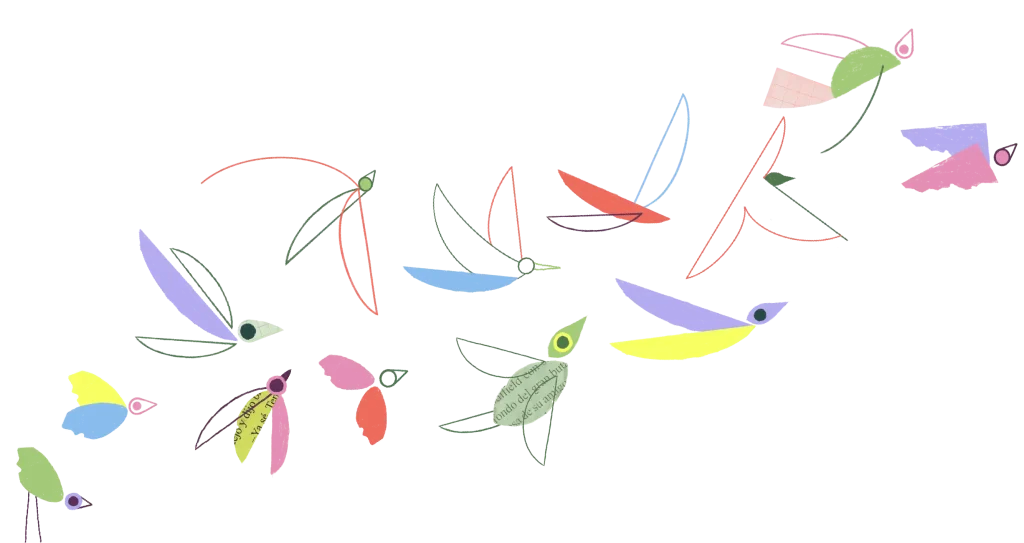 Dibujos de aves volando, de diversos colores y estilos